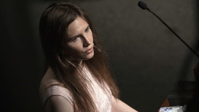 Amanda Knox delivers a speech during a panel session titled “Trial by Media” on June 15, 2019, in Modena, Italy. 