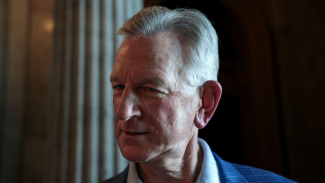 Sen. Tommy Tuberville (R-AL) speaks to a reporter before leaving the U.S. Capitol building on Capitol Hill in Washington, D.C., July 13, 2023. 