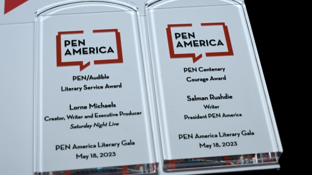 A view of awards on display during the 2023 PEN America Literary Gala at American Museum of Natural History on May 18, 2023 in New York City. 