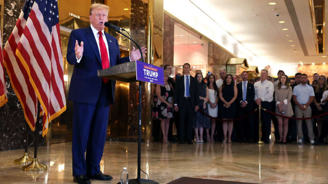 Donald Trump speaks during a press conference the day after a guilty verdict in his criminal trial over charges that he falsified business records to conceal money paid to silence porn star Stormy Daniels.