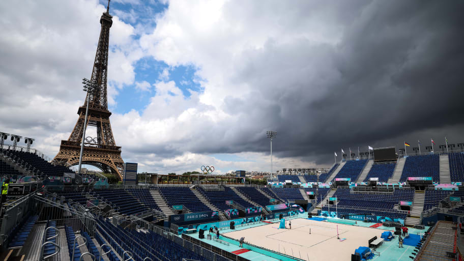 The Eiffel Tower Stadium, the venue of beach volleyball events, ahead of the Paris 2024 Olympic Games.