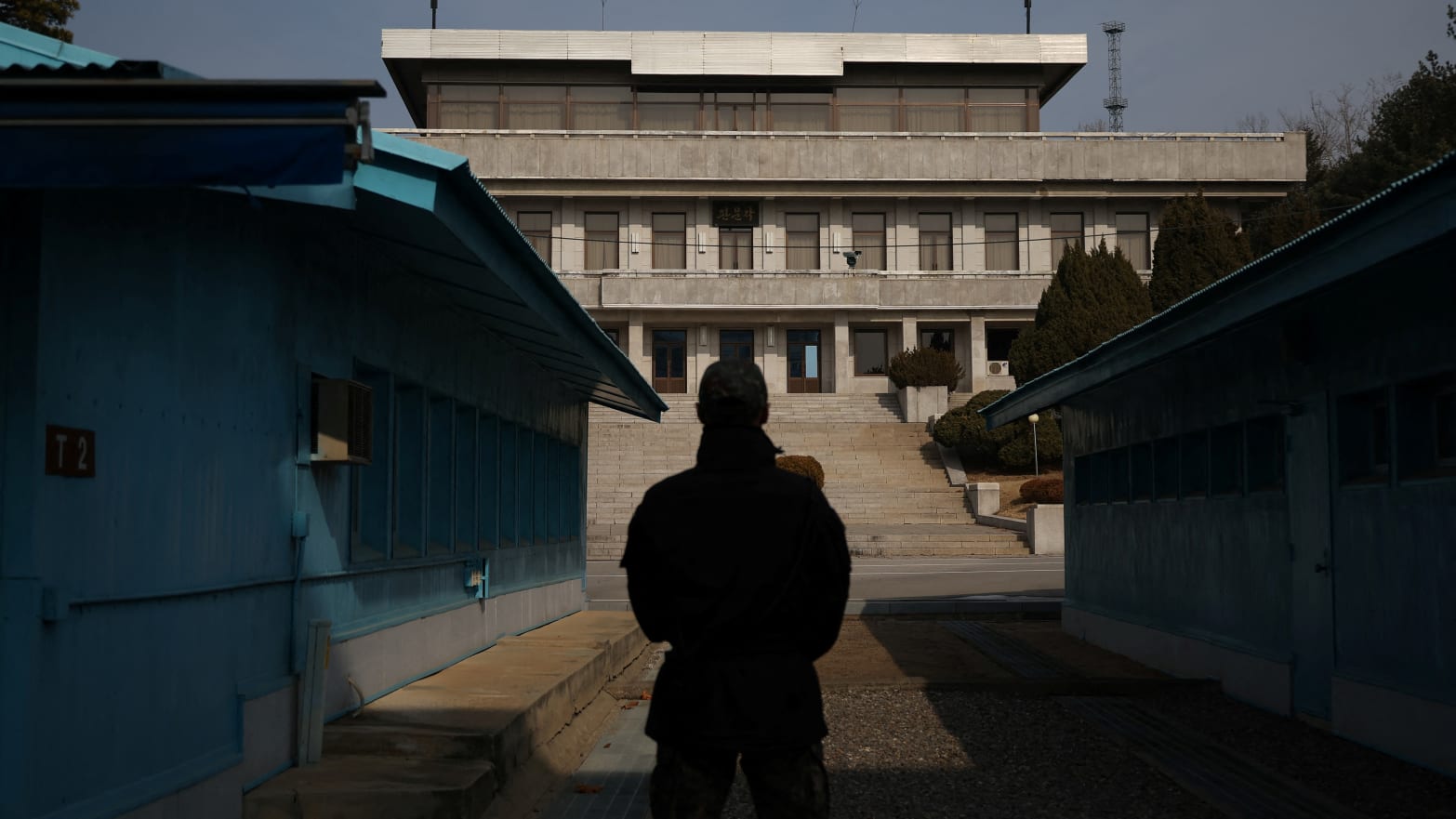 A South Korean soldier stands guard in the truce village of Panmunjom inside the demilitarized zone (DMZ) separating North Korea and South Korea. 