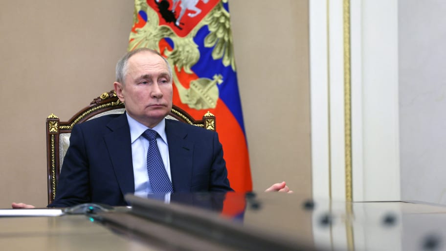 "Russian President Vladimir Putin chairs a meeting with members of the Security Council via a video link in Moscow.