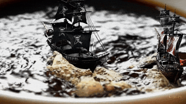 Photorealistic closeup video of two pirate ships battling each other as they sail inside a cup of coffee.