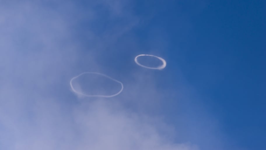 A view of 'Volcanic Vortex Rings' which rise hundreds of meters above the rim that is blown out from the Etna volcano that is active again in Catania, Italy on April 07, 2024.