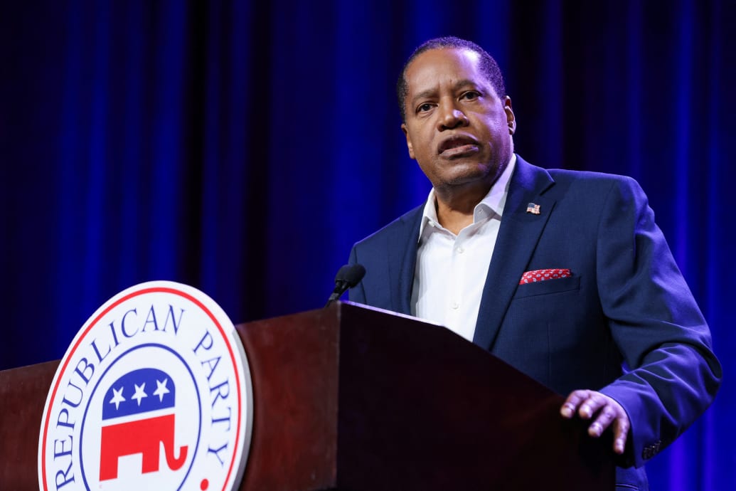 Republican presidential candidate Larry Elder speaks at the Republican Party of Iowa's Lincoln Day Dinner in Des Moines, Iowa