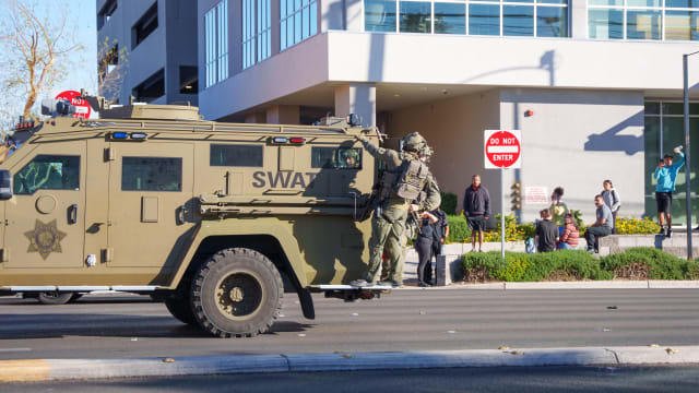 A SWAT vehicle arrives at the UNLV campus after a shooting on Dec. 6, 2023, in Las Vegas, Nevada.