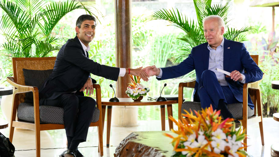 Rishi Sunak shakes hands with President Joe Biden of the United States of America during a bilateral meeting at the G20 summit in Nusa Dua, Indonesia, Nov. 16, 2022.