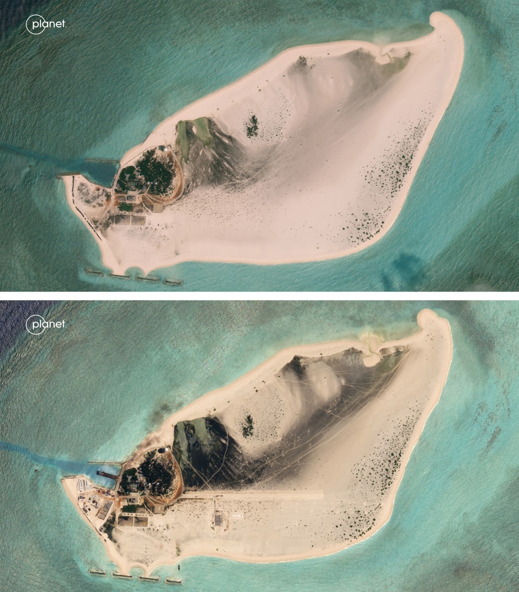 Two images, before and after, of Triton island that shows new development