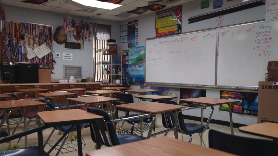 An empty classroom at the Utopia Independent School on May 26, 2022 in Utopia, Texas.