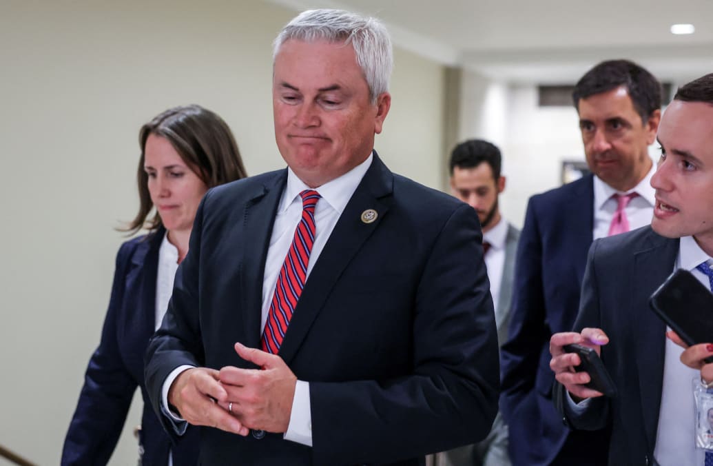 Rep. James Comer (R-KY) is flanked by reporters after a closed door House Intelligence Committee hearing to investigate the origins of the FBI's Trump-Russia investigation.