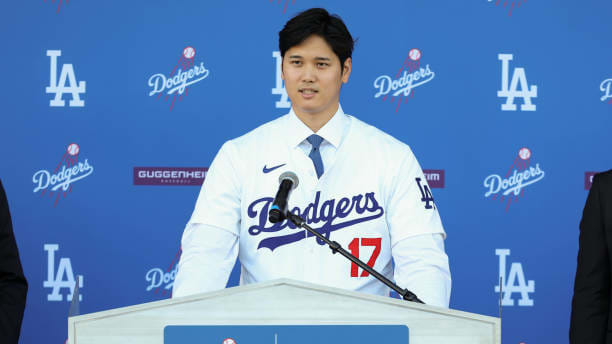 Shohei Ohtani speaks at a Los Angeles Dodgers Press Conference at Dodger Stadium on Thursday, December 14, in Los Angeles, CA.