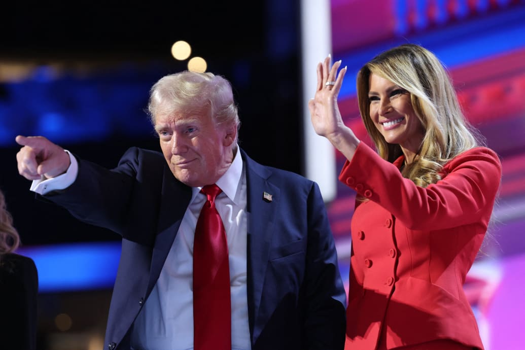 Republican presidential nominee and former U.S. President Donald Trump is joined on stage by his wife Melania at the Republican National Convention in July