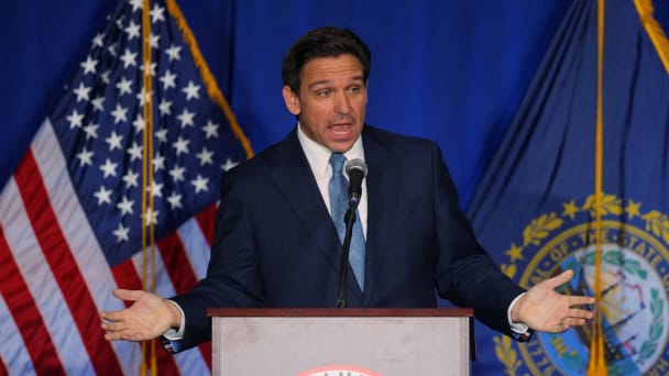 Florida Governor Ron DeSantis speaks at the 2023 NHGOP Amos Tuck Dinner in Manchester, New Hampshire.