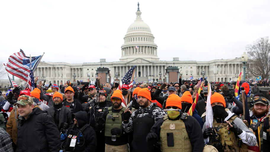 Members of the far-right group Proud Boys as supporters of U.S. President Donald Trump gather in front of the U.S. Capitol Building in Washington, U.S., January 6, 2021. 