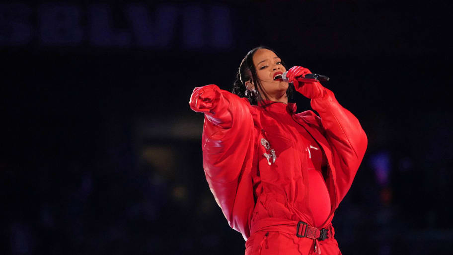 Rihanna performing at Super Bowl LVII.