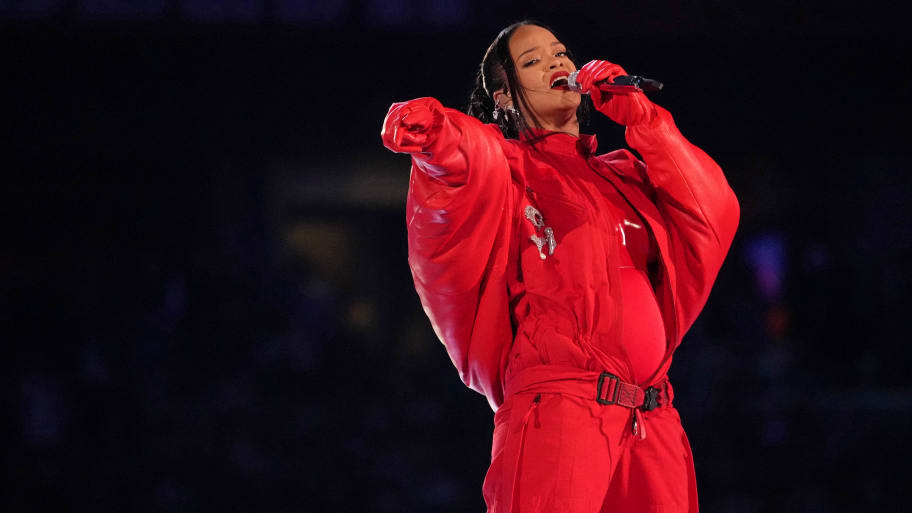 Recordist artist Rihanna performs during the halftime show of Super Bowl LVII at State Farm Stadium.