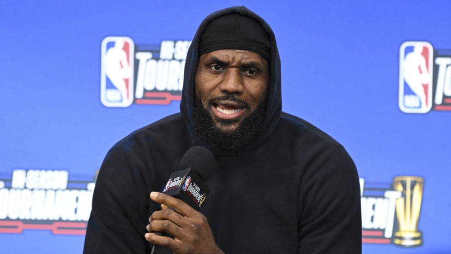 Los Angeles Lakers forward LeBron James addresses the media in a press conference during practice day prior to the In-Season Tournament semi-finals at T-Mobile Arena, Dec. 6, 2023. 