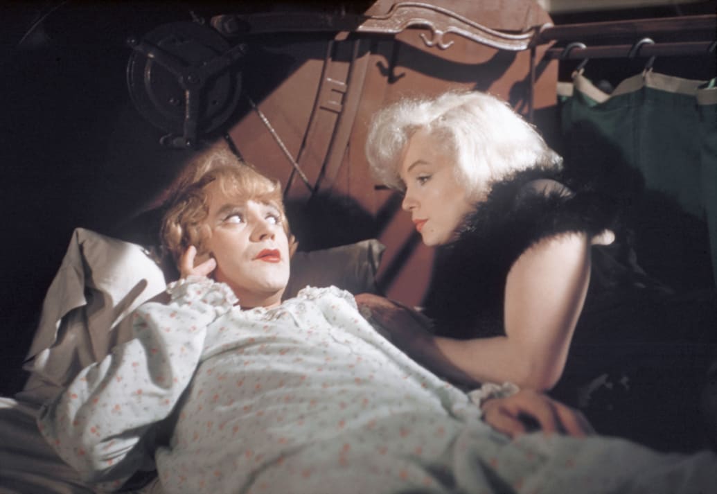 Jack Lemmon in drag, left, and Marilyn Monroe during a scene from the movie "Some Like it Hot."