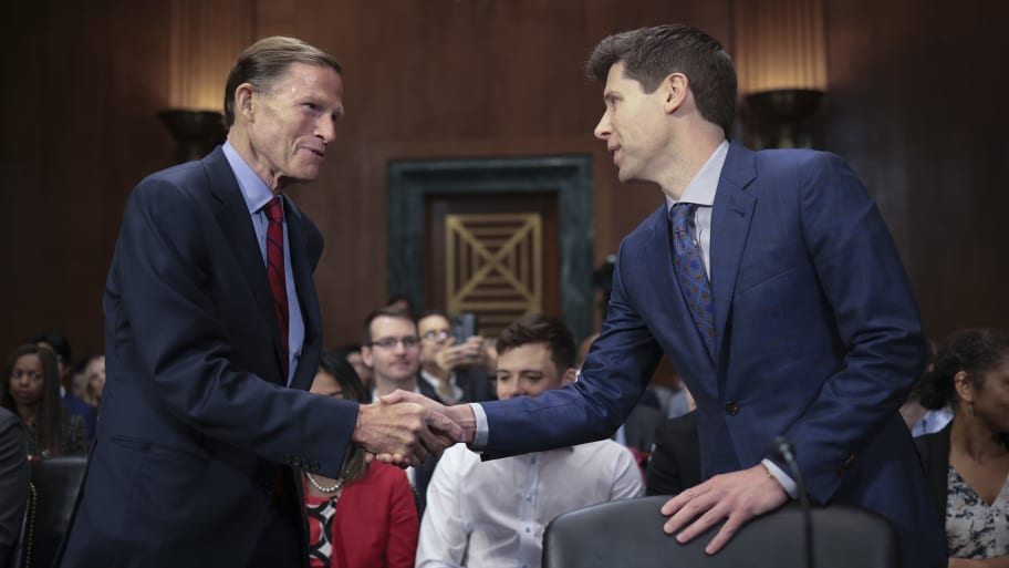 Samuel Altman, CEO of OpenAI, greets committee chairman Sen. Richard Blumenthal (D-CT) while arriving for testimony before the Senate Judiciary Subcommittee on Privacy, Technology, and the Law May 16, 2023 in Washington, DC.