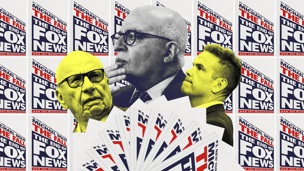 Photo illustration of Rupert Murdoch, Lachlan Murdoch, and Michael Wolff collaged with images of Wolff’s new book, “The Fall, The End of Fox News”
