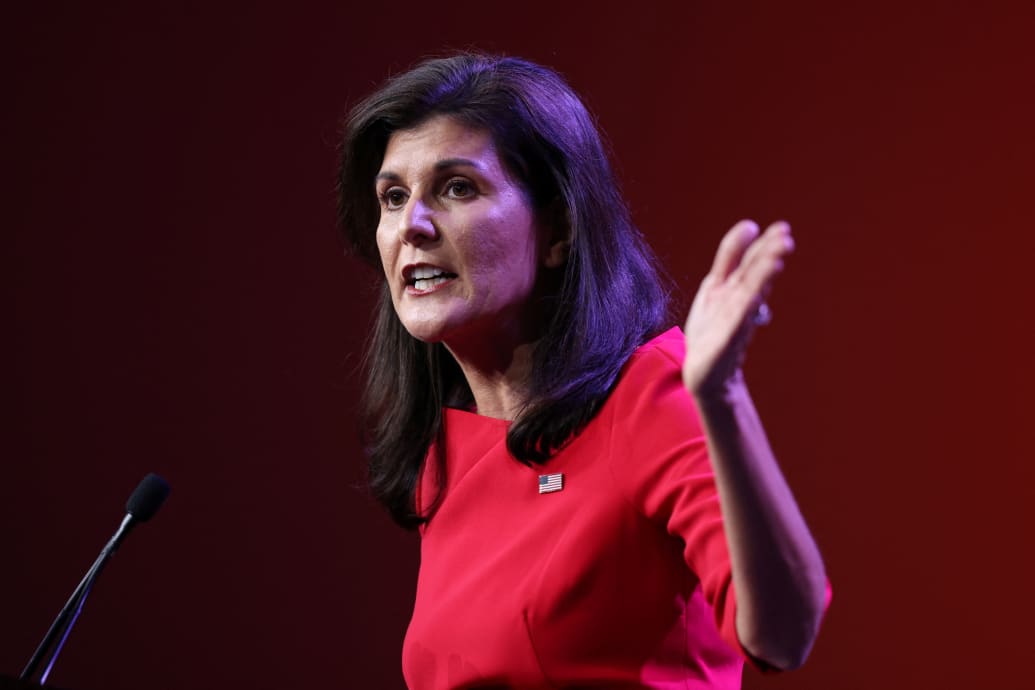 Former U.S. Ambassador to the United Nations and Republican presidential candidate Nikki Haley speaks at the Republican Party of Iowa's Lincoln Day Dinner in Des Moines, Iowa