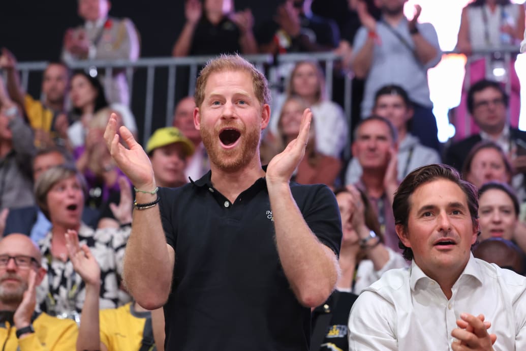 Prince Harry, Duke of Sussex and Johnny Mercer attend the sitting volleyball finals at the Merkur Spiel-Arena during day six of the Invictus Games Düsseldorf 2023 on September 15, 2023 in Düsseldorf, Germany.