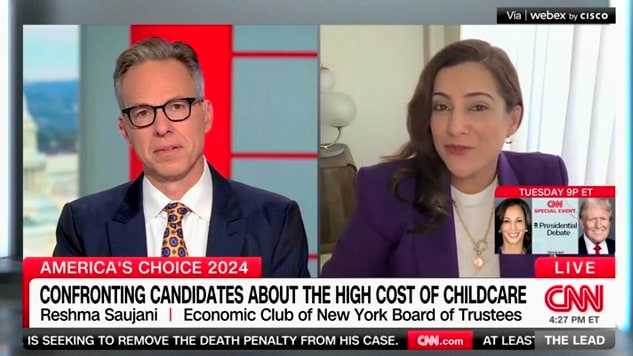 Reshma Saujani appears on CNN for an interview with Jake Tapper.