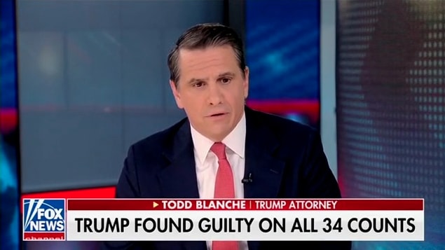 Donald Trump’s lawyer, Todd Blanche, ran straight to Fox News following his client’s conviction on 34 counts of business fraud.