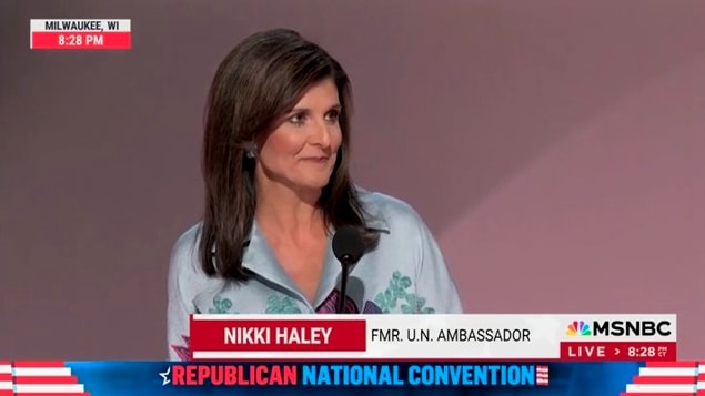 Nikki Haley gives a speech during the second night of the 2024 Republican National Convention.
