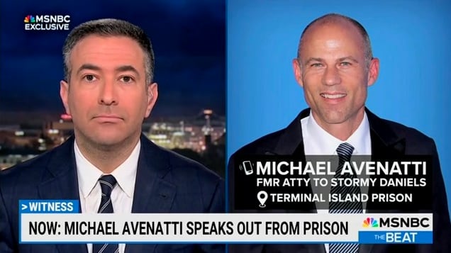 Michael Avenatti performs an interview with MSNBC from prison. 