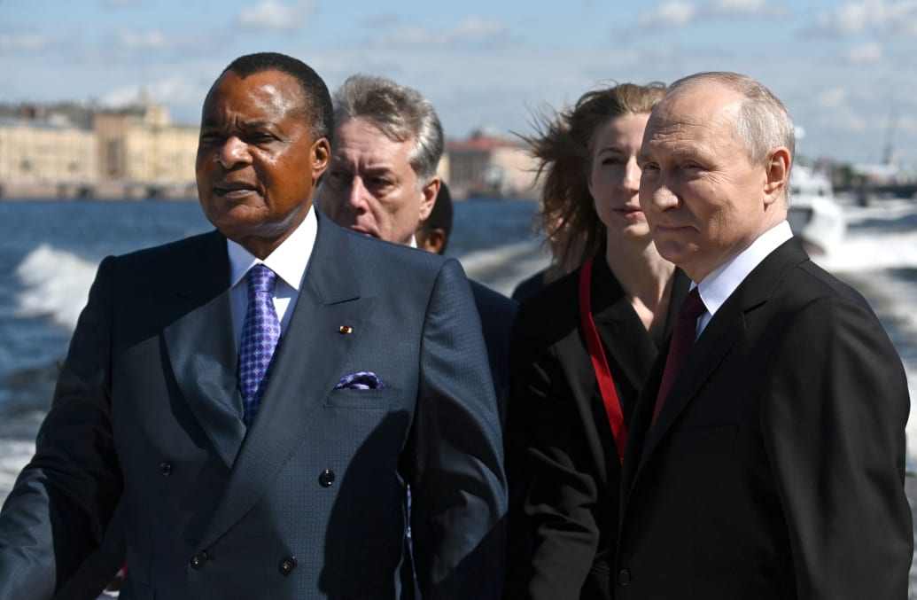 A photo of Congolese President Denis Sassou-Nguesso with Russian President Vladimir Putin at the 2023 Navy Day parade in Saint Petersburg, Russia.