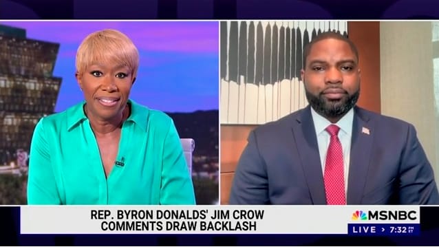 MSNBC anchor Joy Reid questioned Rep. Byron Donalds (R-FL) on Thursday about his recent suggestion that the Jim Crow era was better for Black families.