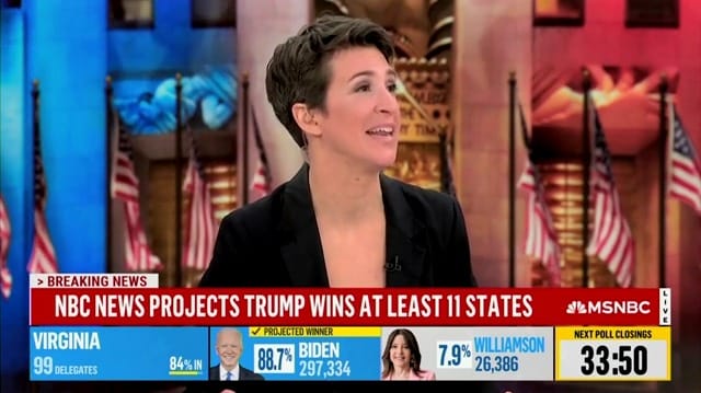 Rachel Maddow anchors MSNBC’s Super Tuesday coverage. 