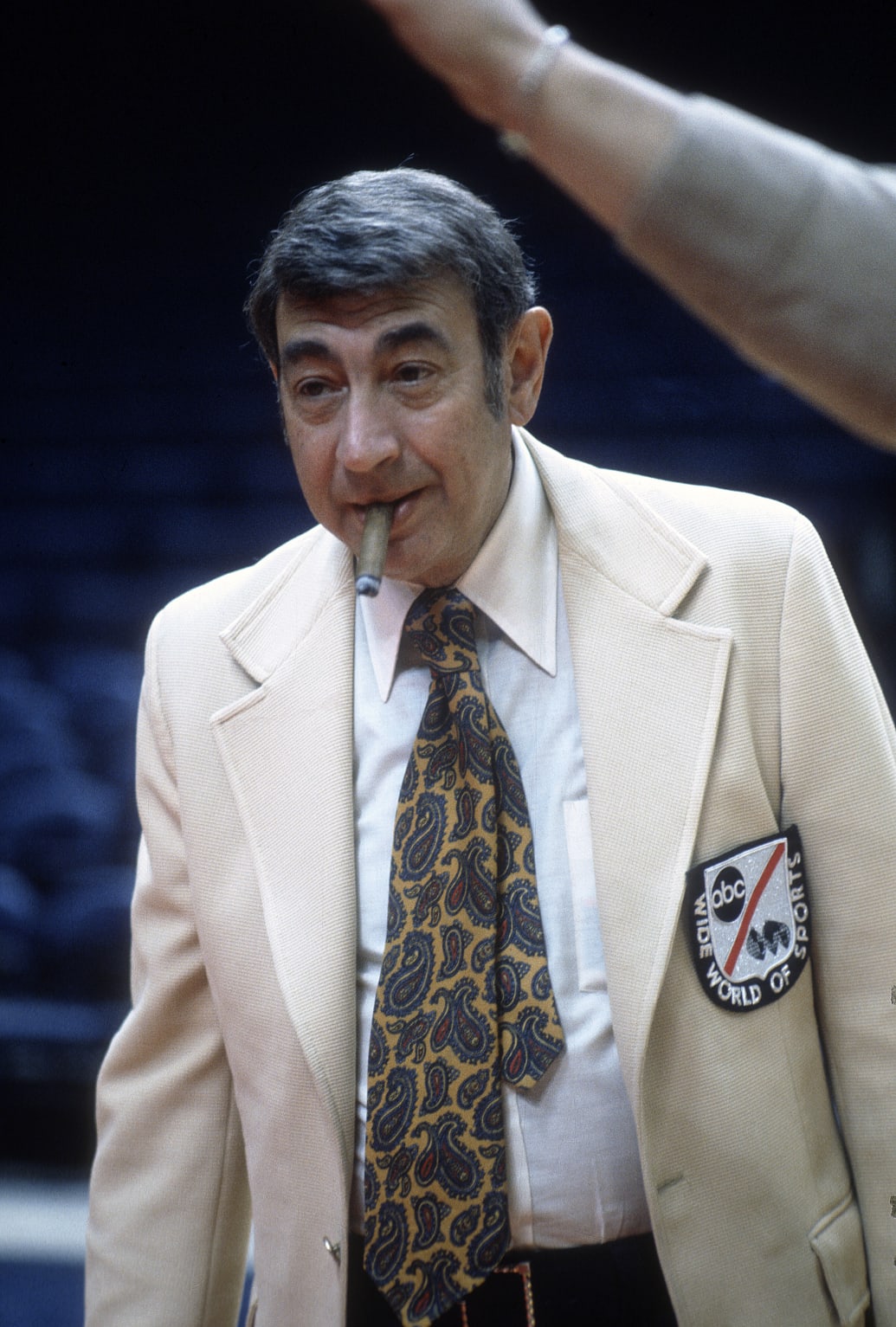ABC sports commentator Howard Cosell smoking a cigar in 1972