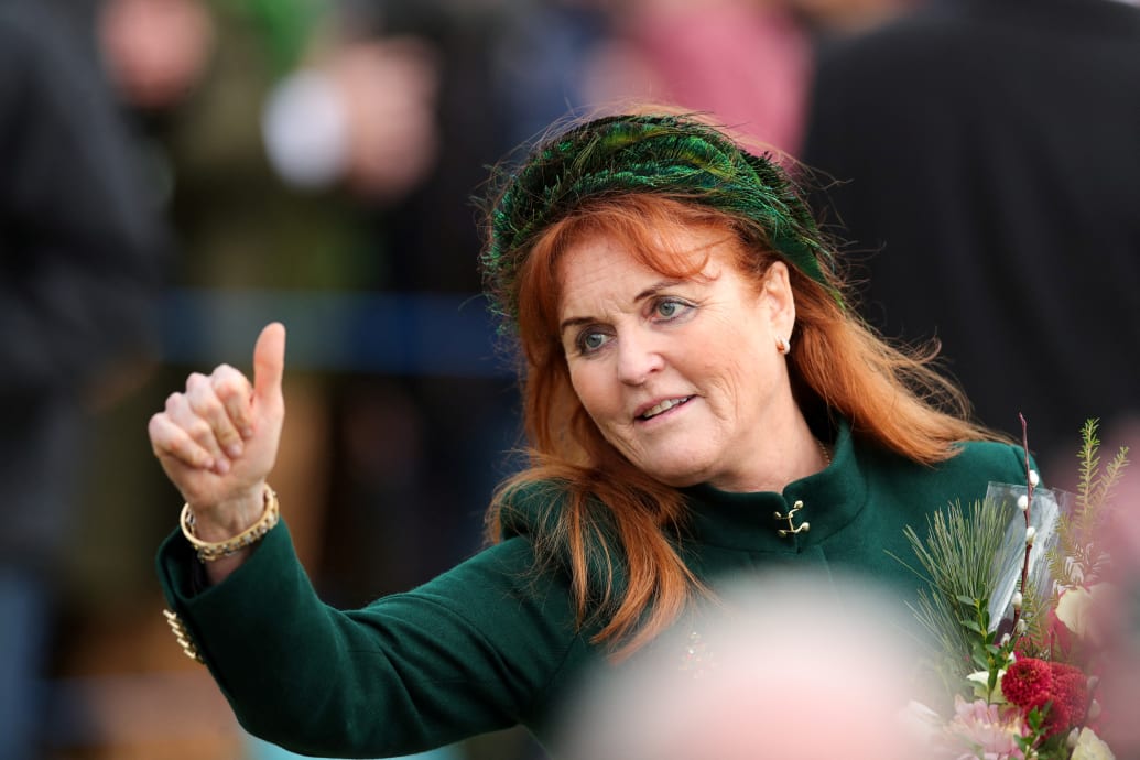 Sarah Ferguson gestures as she attends the Royal Family's Christmas Day service at St. Mary Magdalene's church, as the Royals take residence at the Sandringham estate in eastern England, Britain December 25, 2023.