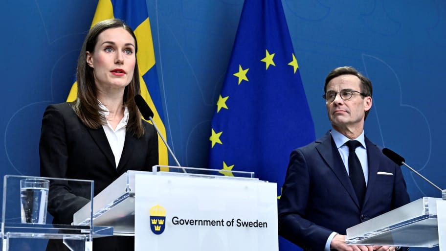 Finnish Prime Minister Sanna Marin and Swedish Prime Minister Ulf Kristersson hold a joint news conference at the government headquarters Rosenbad as they meet in Stockholm, Sweden, Feb. 2, 2023.