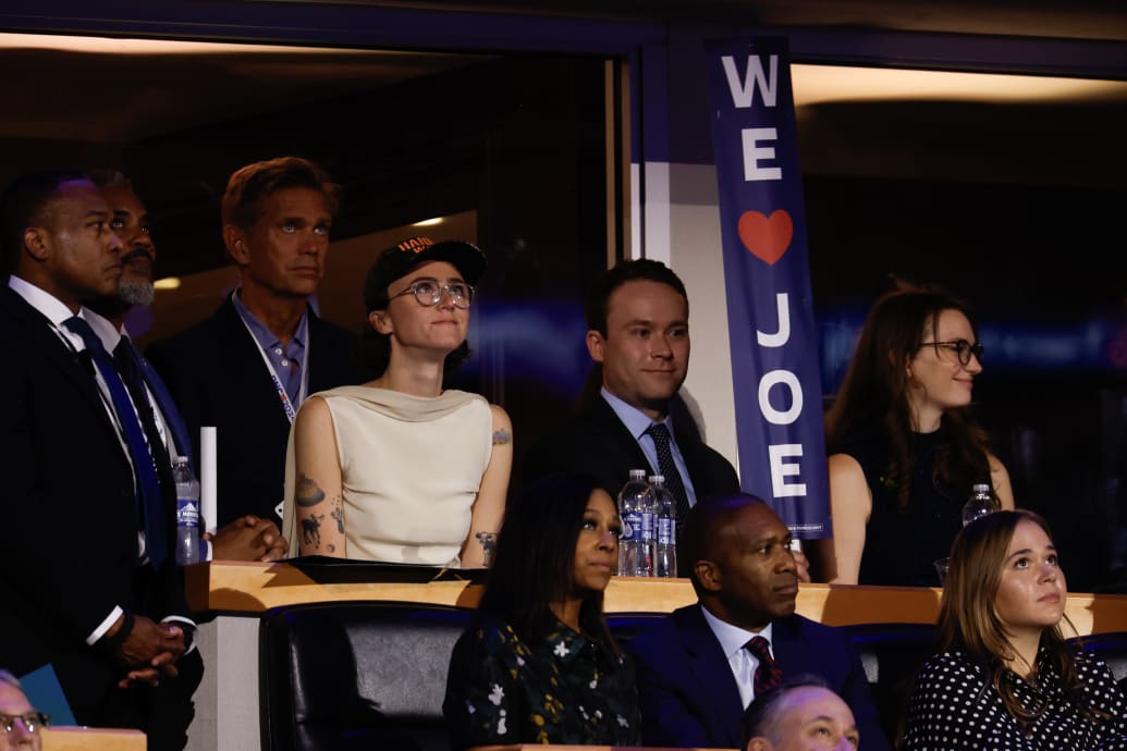 Ella Emhoff in a crowded box watching the convention speeches.