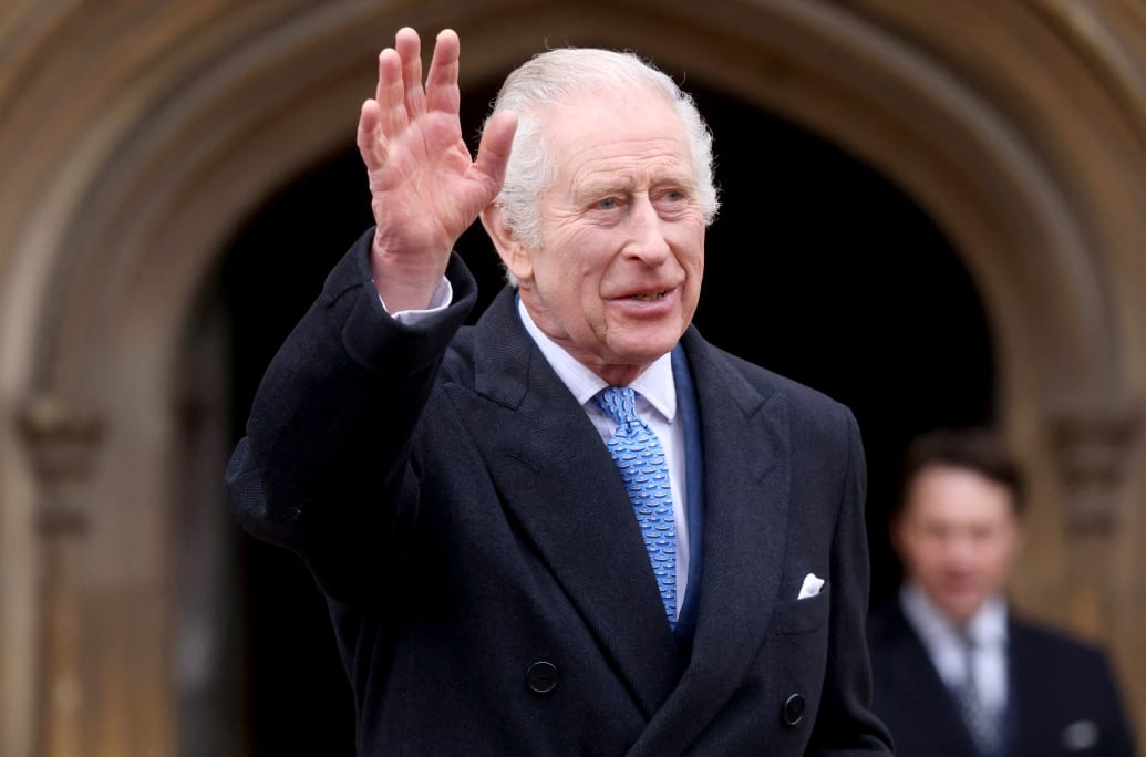 Britain's King Charles leaves after attending the Easter Matins Service at St. George's Chapel.