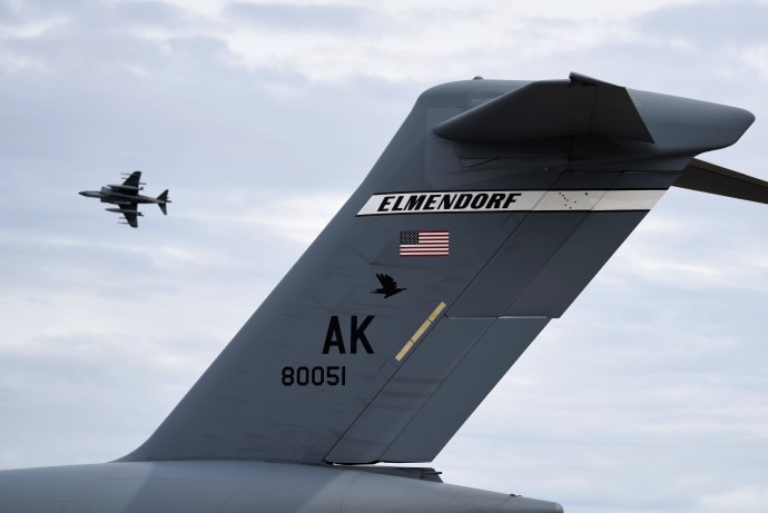 A photo of the tail of a plane at Joint Base Elmendorf–Richardson in Anchorage, Alaska.