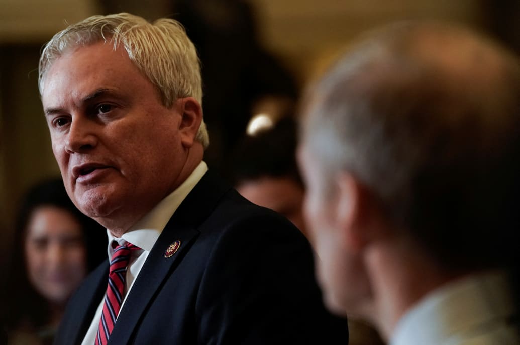 House Oversight Chairman James Comer (R-KY) participates in a media availability following a successful vote to formalize an impeachment inquiry of President Joe Biden.