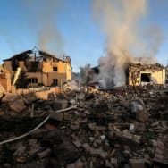Damaged buildings at the site of a Russian missile strike, amid Russia's attack on Ukraine, in Kharkiv, Ukraine