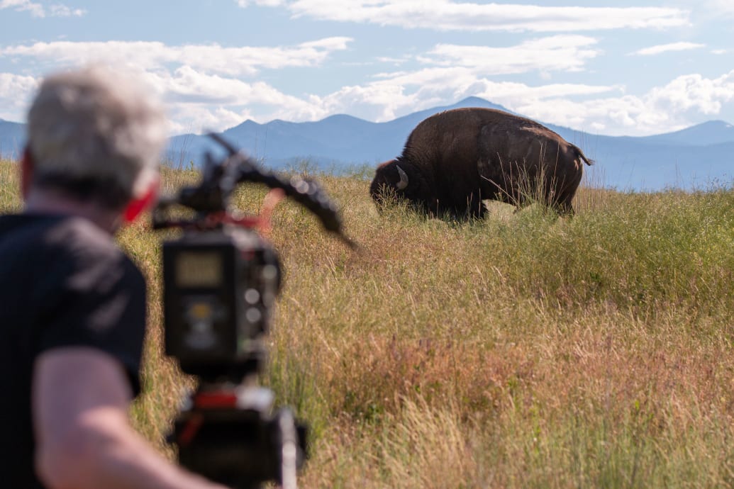 A photograph of Ken Burns filming The American Buffalo.
