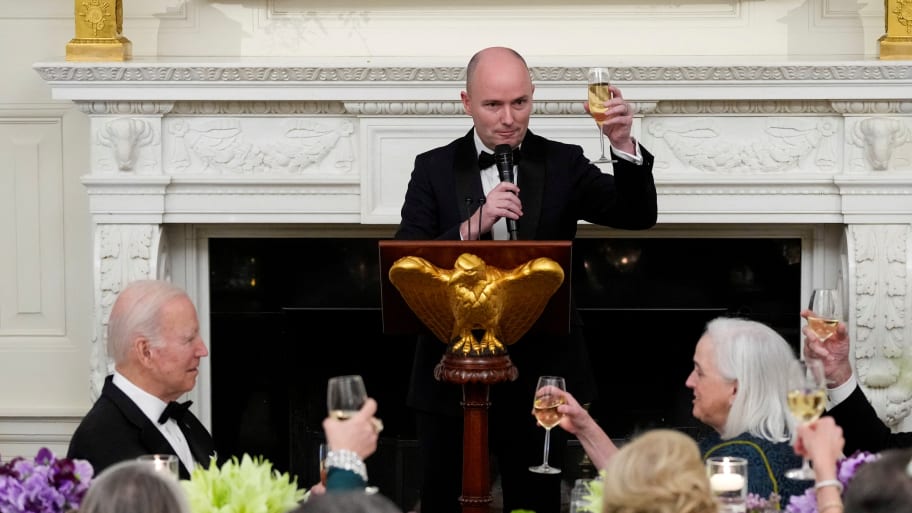 Utah Gov. Spencer Cox, Vice Chair of National Governors Association raises a toast to U.S. President Joe Biden and the governors during a black-tie dinner for the U.S. governors and their spouses in the East Room of the White House in Washington, D.C.