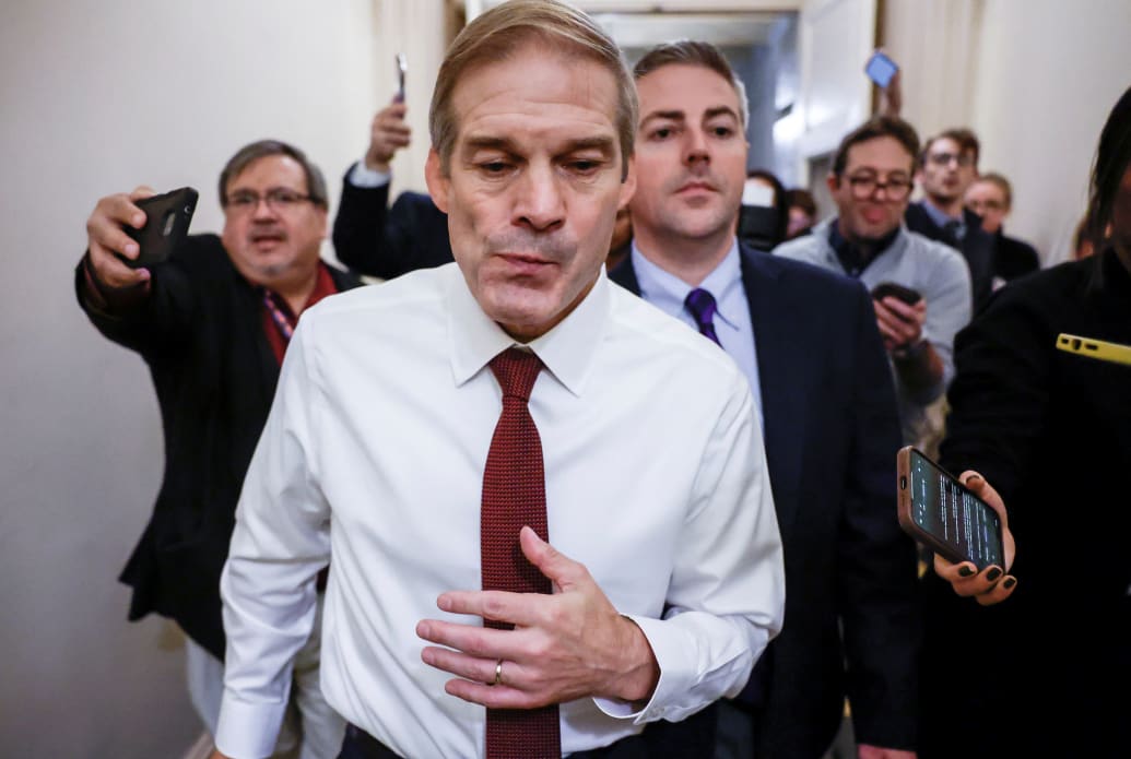 Representative Jim Jordan (R-OH) who is vying for the position of Speaker of the House, speaks to the media following a meeting of House Republicans