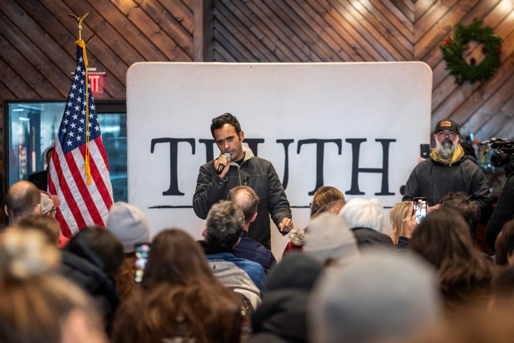 Republican presidential candidate and businessman Vivek Ramaswamy speaks during a campaign event at Sweet Caroline's Kitchen and Cocktails ahead of the Iowa caucus vote, in Ames, Iowa.