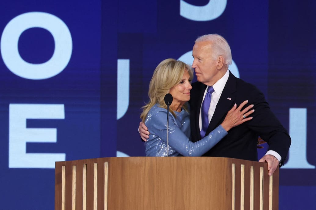 Joe Biden and first lady Dr. Jill Biden attend Day one of the Democratic National Convention (DNC) at the United Center in Chicago, Illinois, U.S., August 19, 2024.