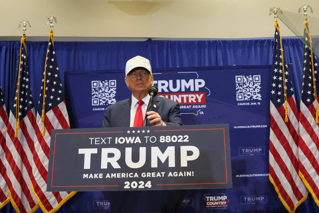Former President Donald Trump campaigns in Indianola, Iowa