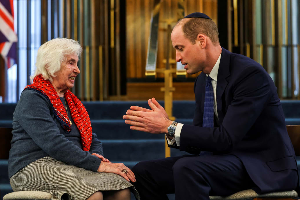 Prince William speaks with Renee Salt, 94, a Holocaust survivor, at the Western Marble Arch Synagogue, in London, Britain, February 29, 2024.