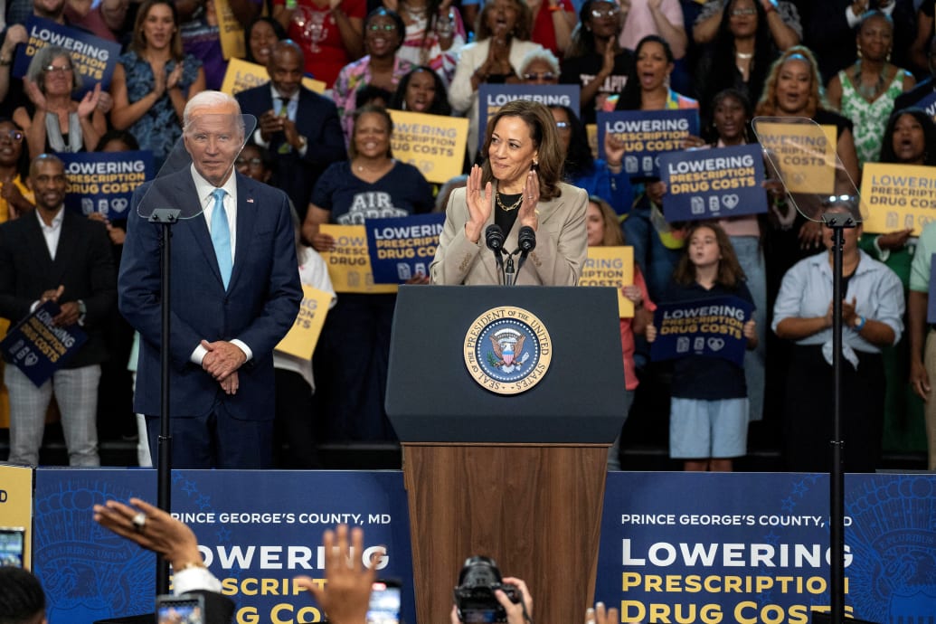 Joe Biden and Kamala Harris on a rally stage